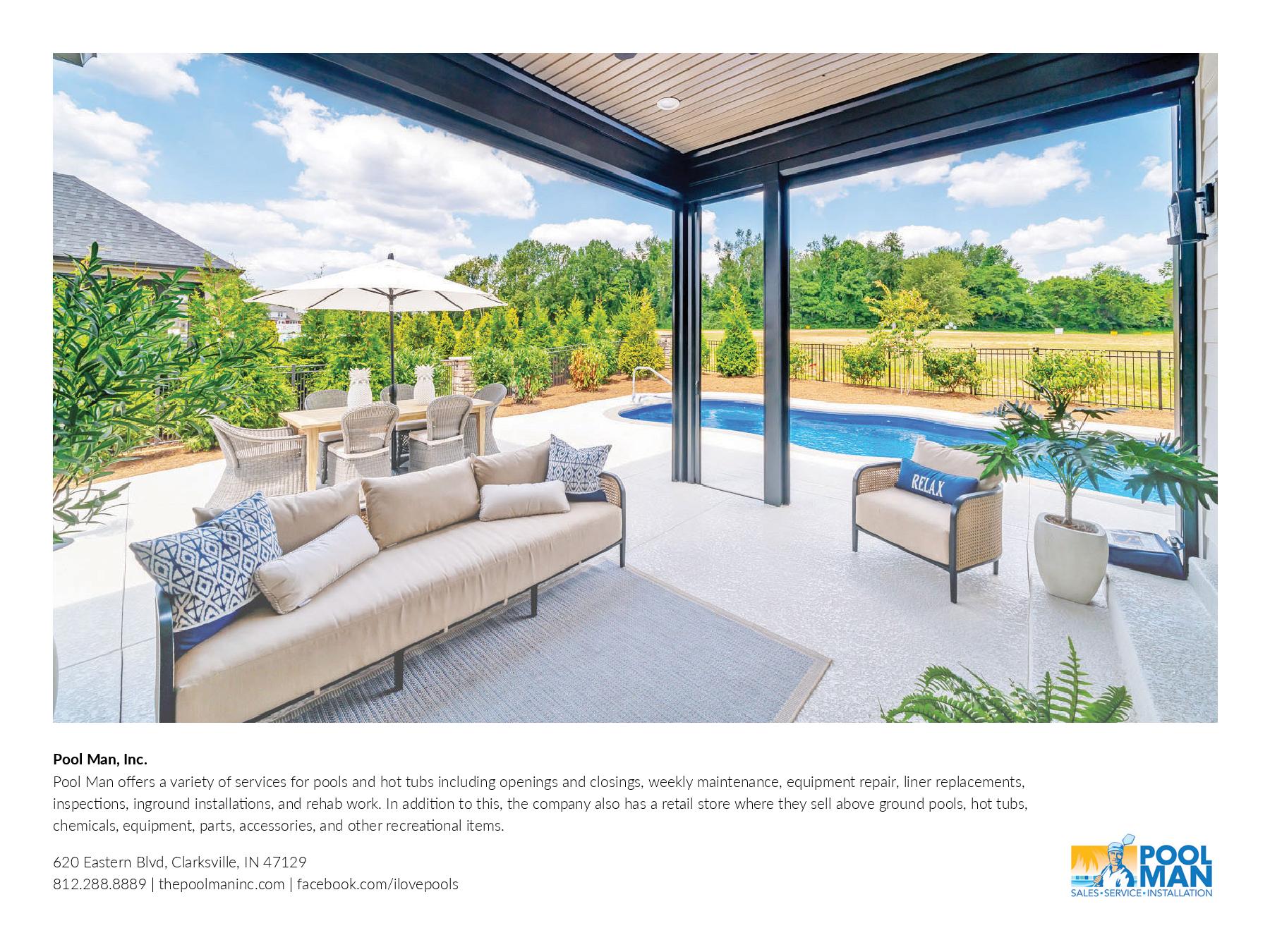 A living room with a couch and chairs and a pool in the background.