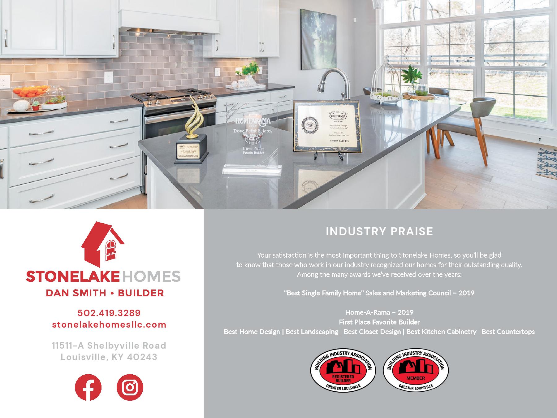 A brochure for stonelake homes shows a kitchen with a large island.