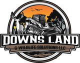 Logo for Downs Land & Wildlife Solutions LLC featuring a deer, a track loader, and birds against an orange sunset background.