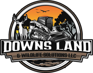 Logo for Downs Land & Wildlife Solutions LLC featuring a deer, a track loader, and birds against an orange sunset background.