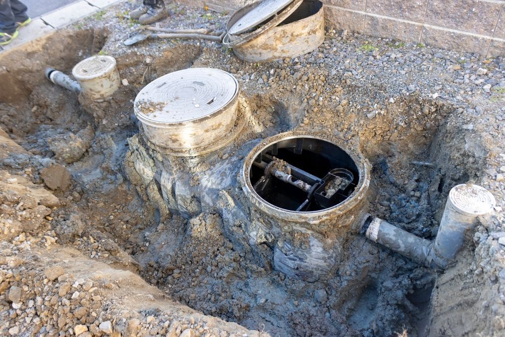 An excavated area reveals a concrete septic tank system with exposed pipes and circular access covers in the mud.