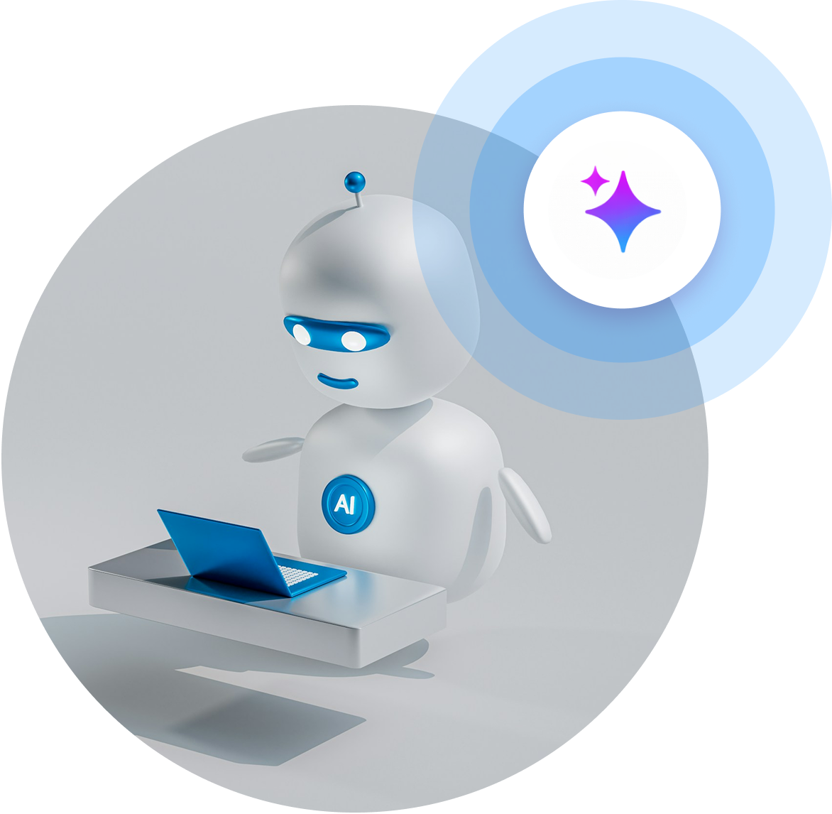 A white 3D robot sits at a desk using a blue laptop, with a sparkling star icon in a circular blue graphic above.