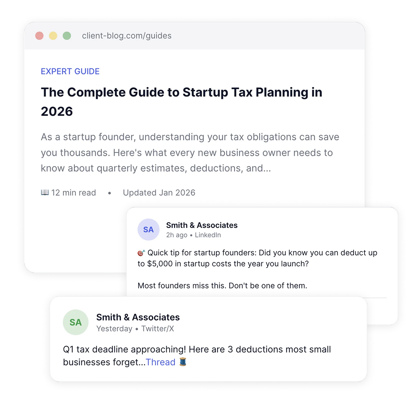 A browser window showing a tax guide for startups, overlaid with two social media posts from Smith & Associates.