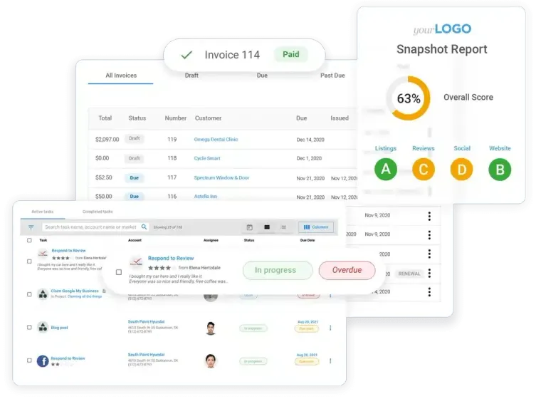 Software dashboard UI showing invoice lists, status tracking, and a