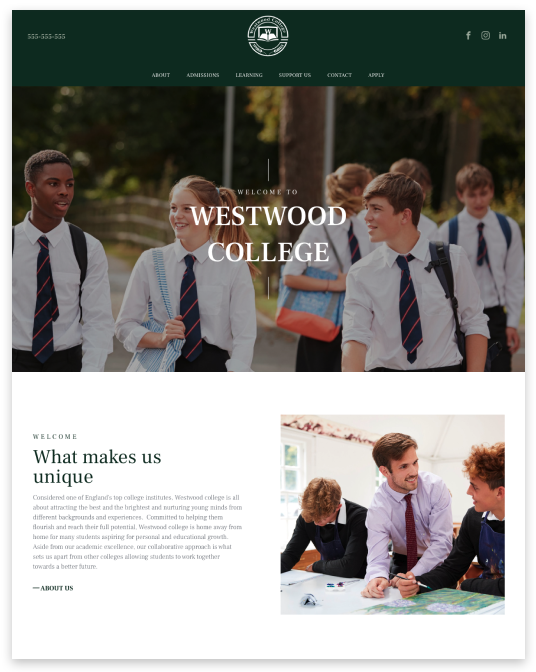 A webpage for Westwood College featuring a hero image of students walking and a section describing the school's features.