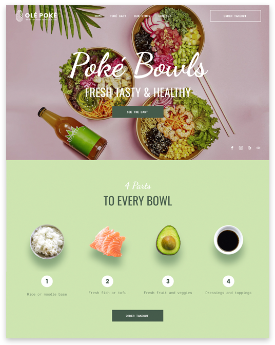 A promotional website for Ole Poke featuring food photography of poke bowls and a four-step infographic for ordering.