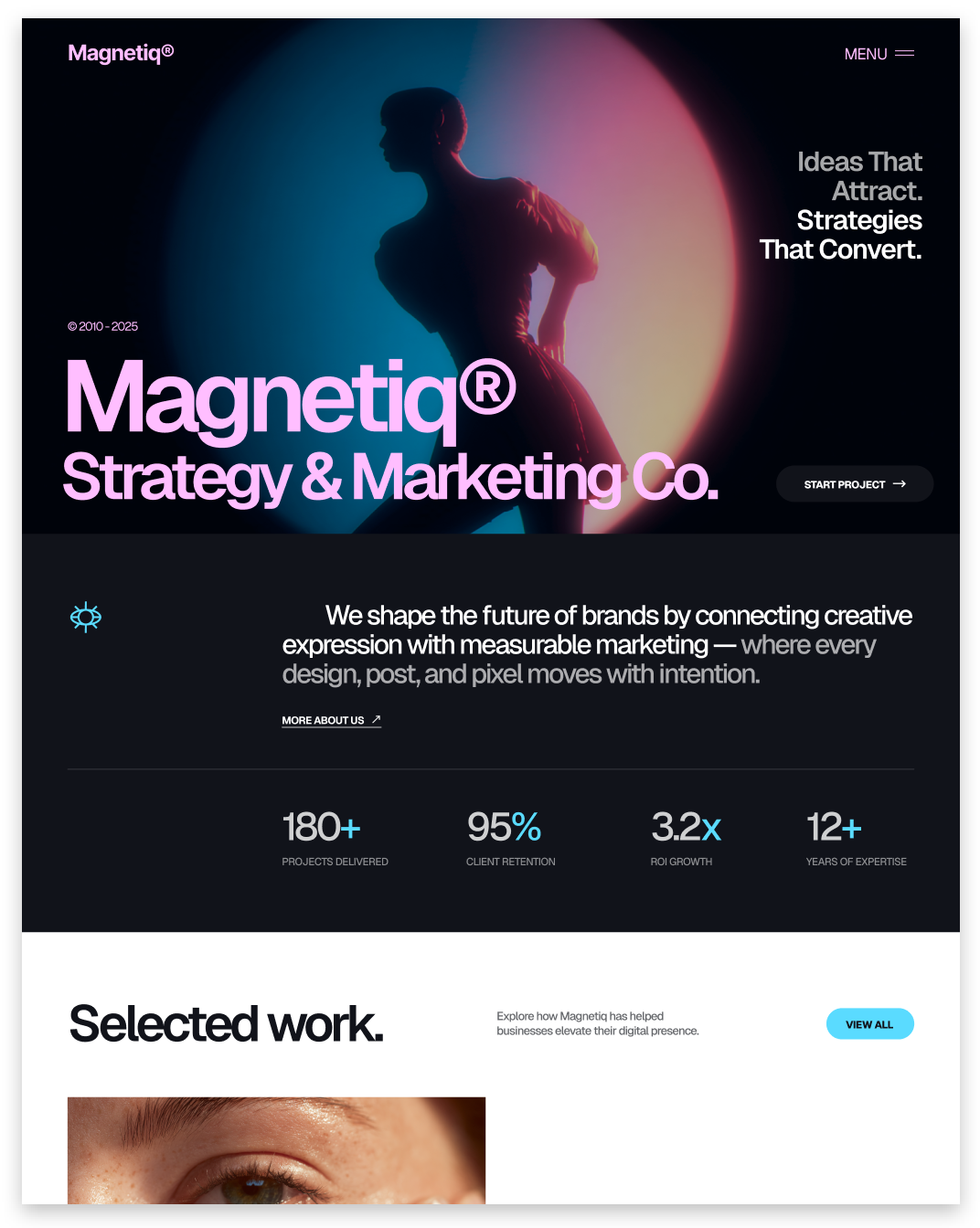 Homepage for Magnetiq Strategy & Marketing Co., featuring a bold, dark design with metrics and a 