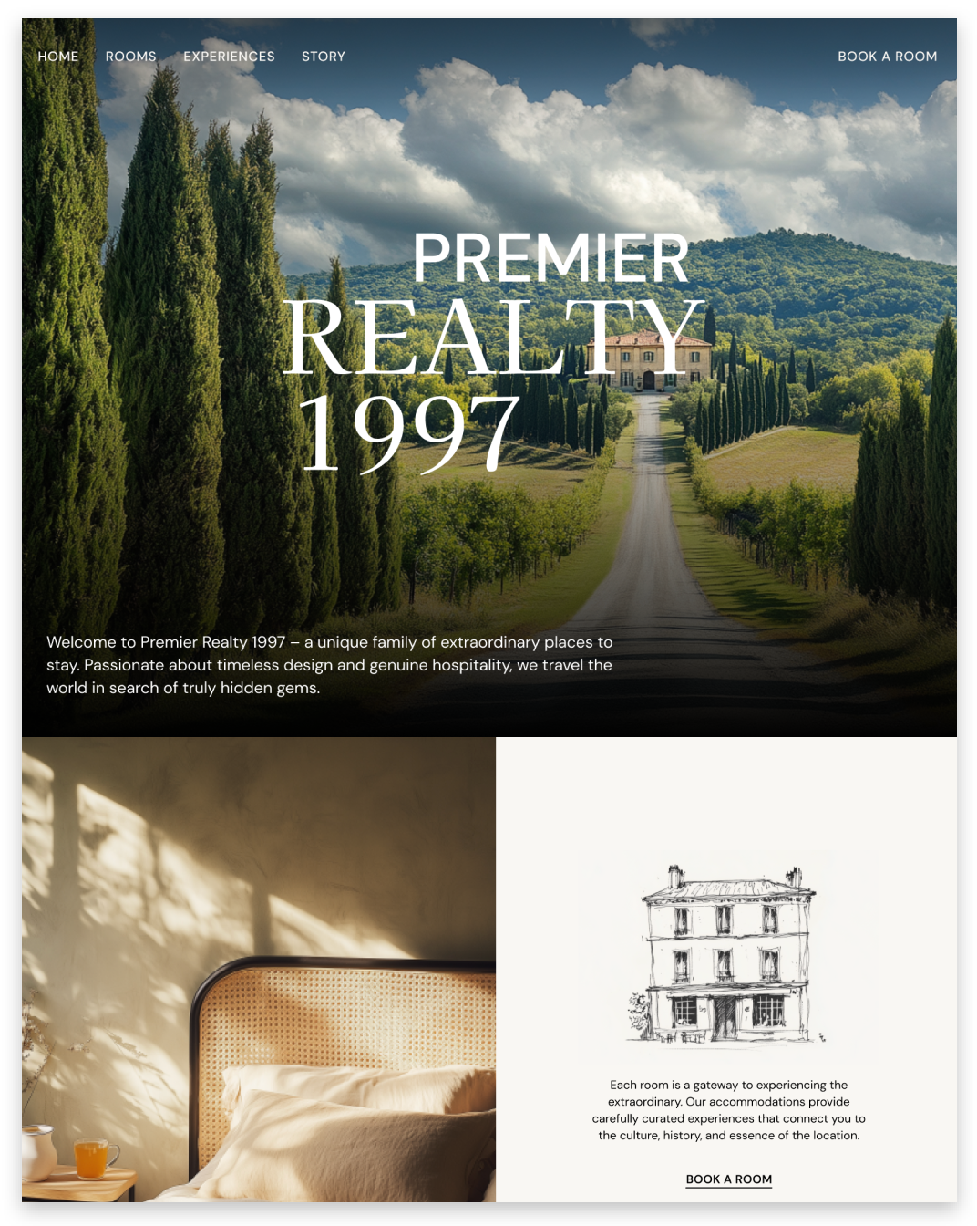 A website header for Premier Realty 1997 featuring a Tuscan villa driveway, an interior bedroom, and a house sketch.