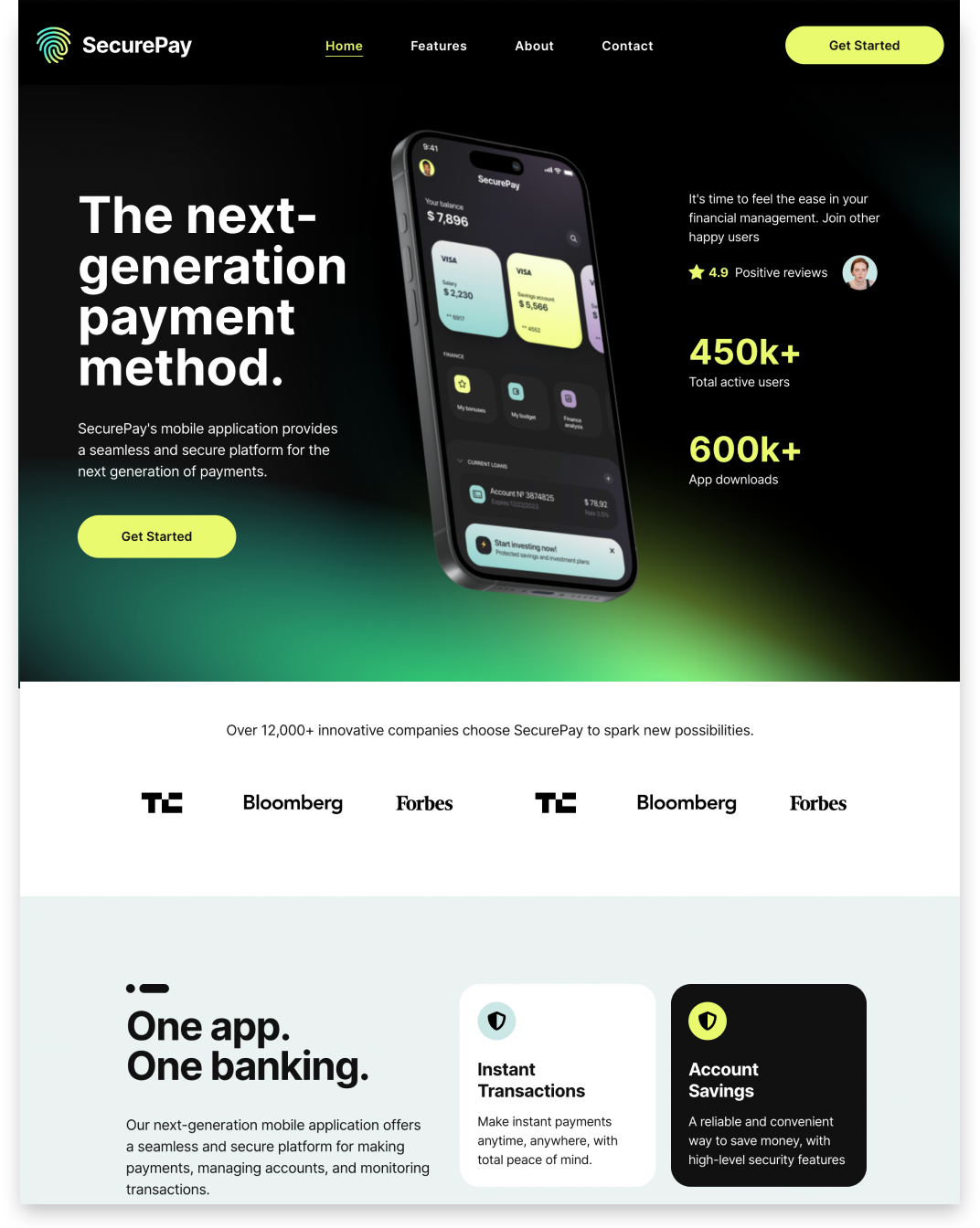 SecurePay website landing page featuring a mobile payment app interface, company statistics, and branding on a dark background.