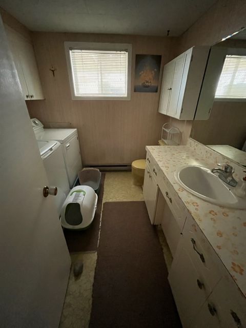 Une salle de bain avec un bac à litière pour chat et un lavabo