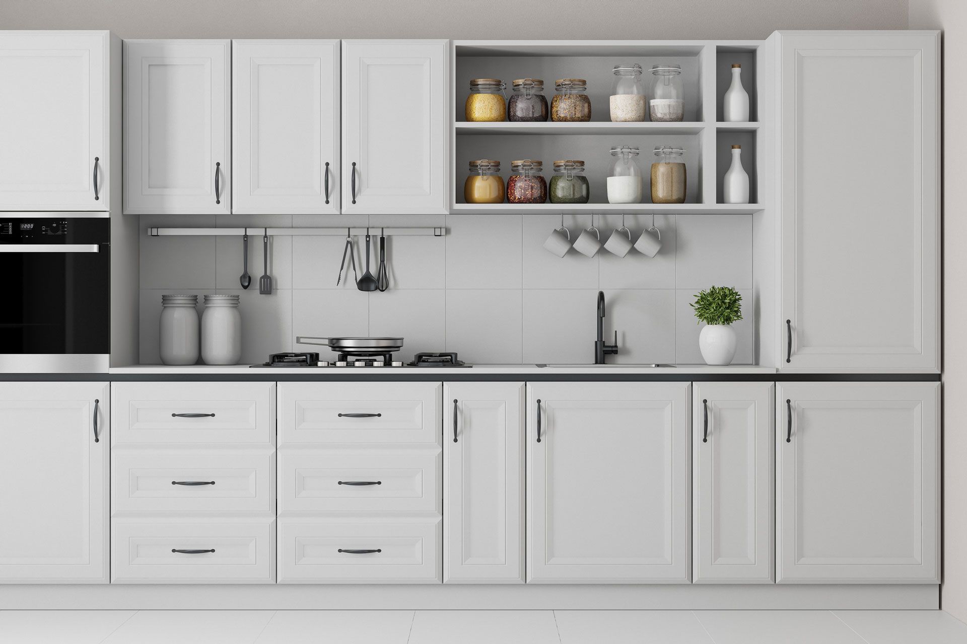 A white kitchen with sleek upper and lower cabinets, shelves, and a small potted plant.