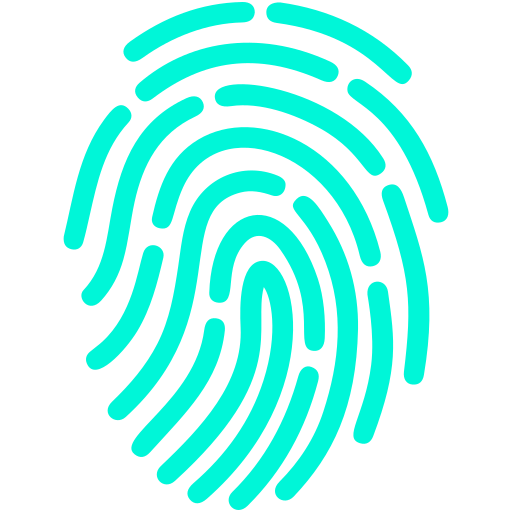 Teal fingerprint icon, representing identity or security.
