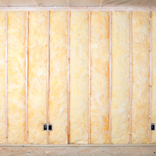 Fiberglass insulation installed between wooden wall studs in a room under construction.