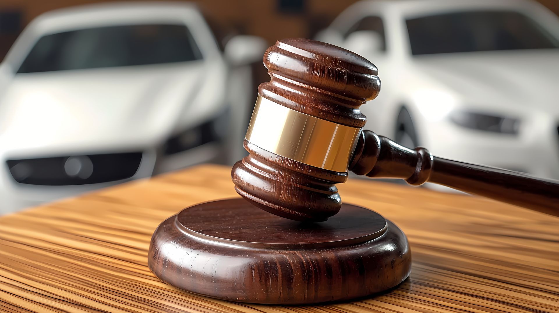 Wooden gavel on desk with cars behind symbolizing repossession attorney legal vehicle defense.