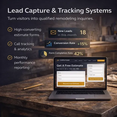 Lead capture and tracking system dashboard on a laptop in a dark office scene with conversion stats and forms.