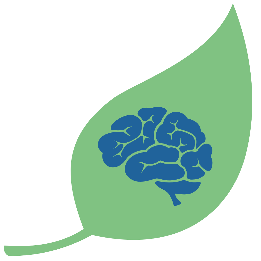 Blue brain within a green leaf.
