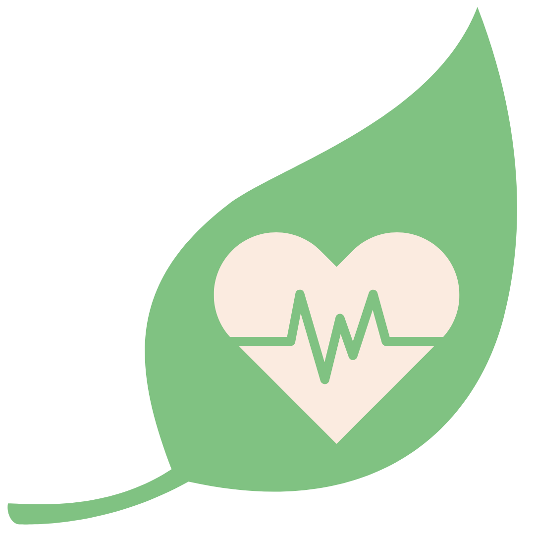 Green leaf with a heart containing a heart rate line.
