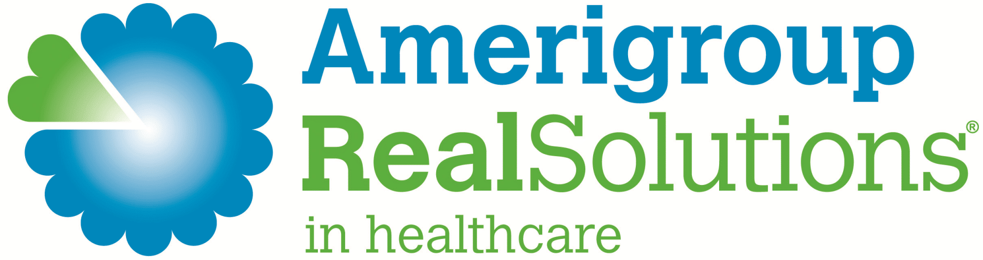 Amerigroup RealSolutions logo with a blue and green flower icon and text "in healthcare."
