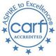 CARF accredited logo: a blue circle with text 