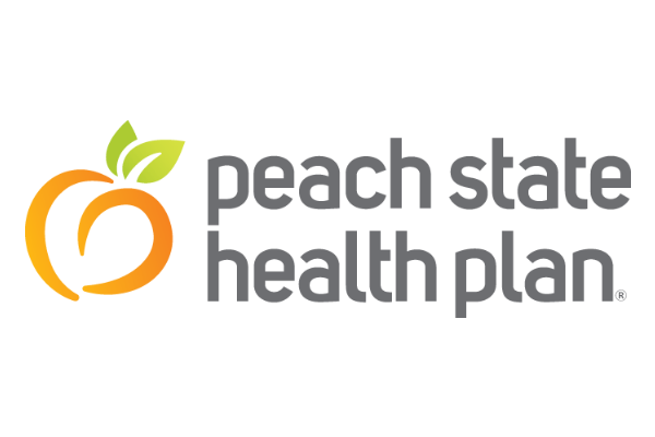 Logo for Peach State Health Plan, featuring a peach icon and text.