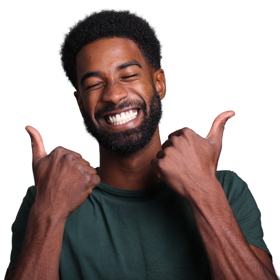 Man with dark skin, green shirt, and a beard gives a thumbs up, smiling with eyes closed.