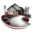 A stylized, grayscale house with a red door, lamp posts, and red bushes lining a curved concrete driveway.