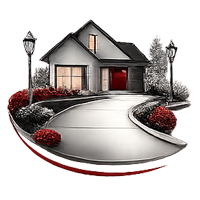 A stylized, grayscale house with a red door, lamp posts, and red bushes lining a curved concrete driveway.