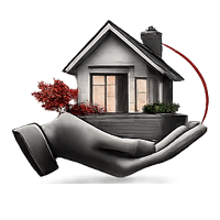 A grayscale hand holding a small house with red trees, with a red curved line extending from the chimney.