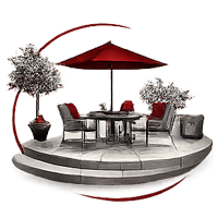 A patio dining set with a red umbrella, two chairs, and two potted plants on a curved, raised concrete platform.