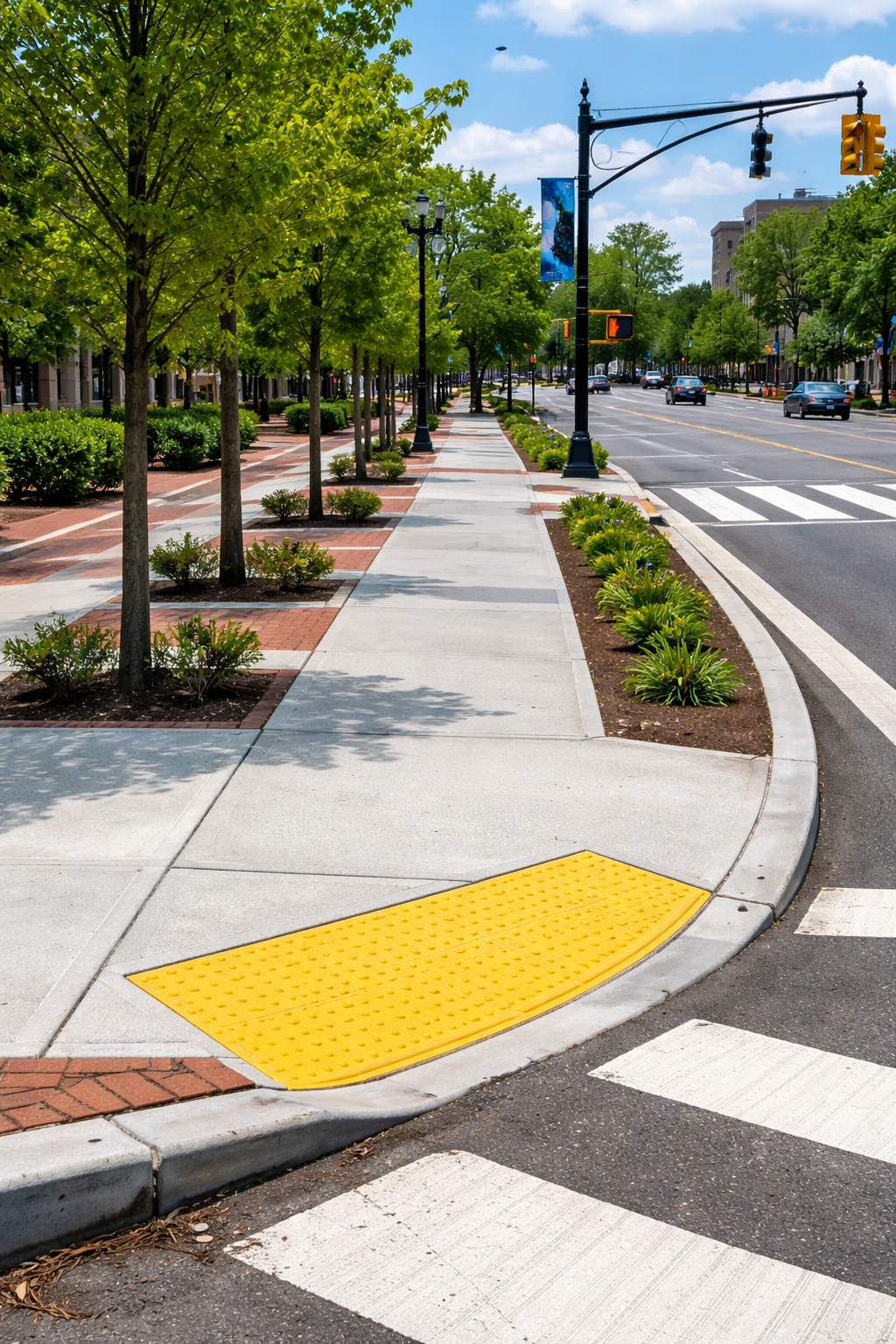 A street corner showing a bright yellow tactile paving ramp on a sidewalk, adjacent to a pedestrian crosswalk.