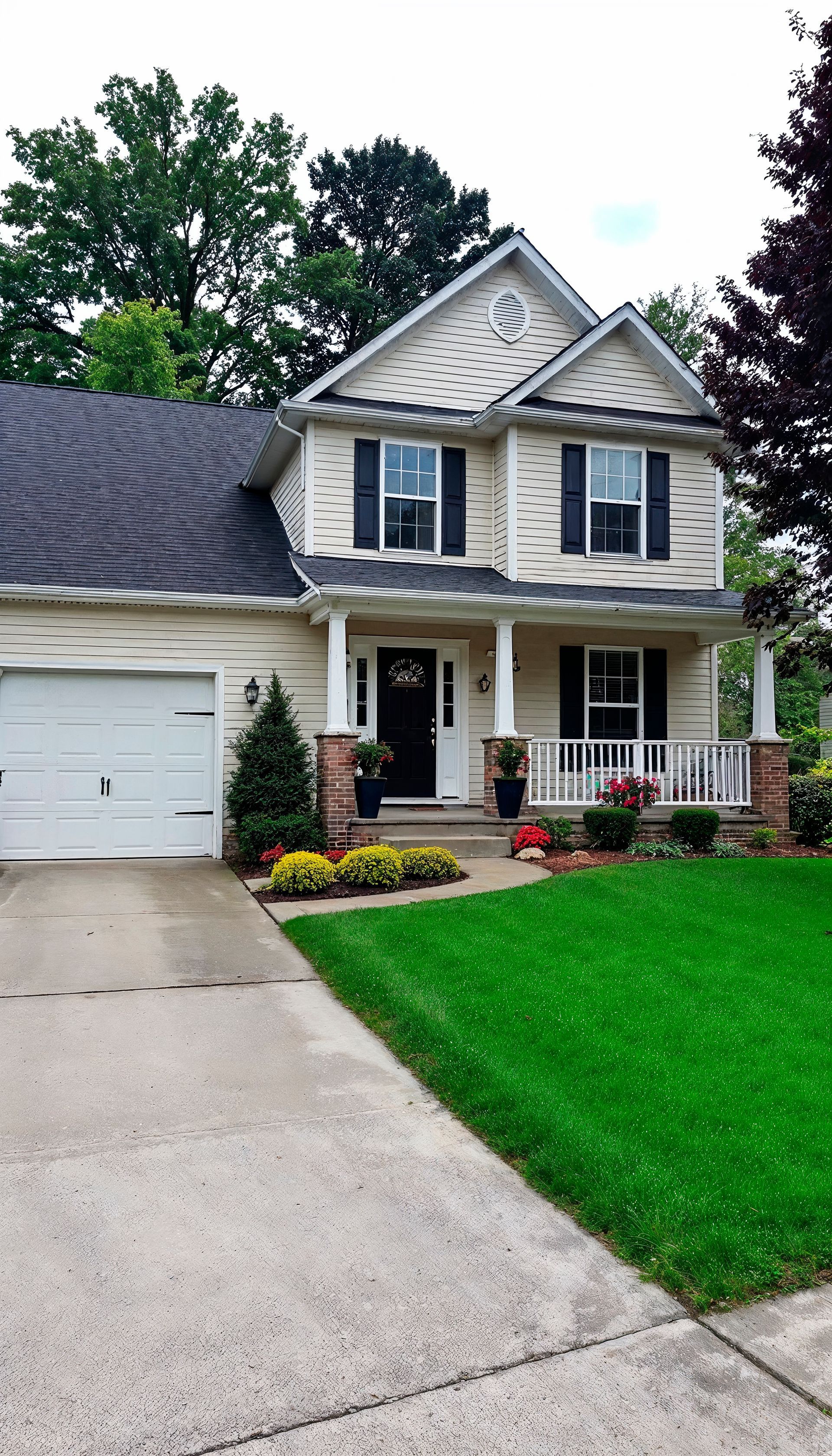 A two-story suburban house with beige siding, a dark shingled roof, a front porch, and an attached single-car garage.