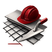 A red hard hat sits on a grey metal plate atop a wire mesh grid, with a metal trowel angled across the foreground.