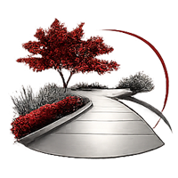 A path curves through a garden featuring a red-leafed tree, red shrubs, and gray foliage under a red arc.