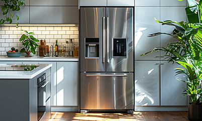 There is a stainless steel refrigerator in the middle of the kitchen.