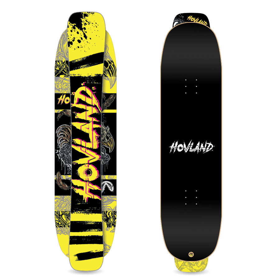 A black and yellow snowskate with the Hovland logo on it. The model is the Ram Complete snowskate.