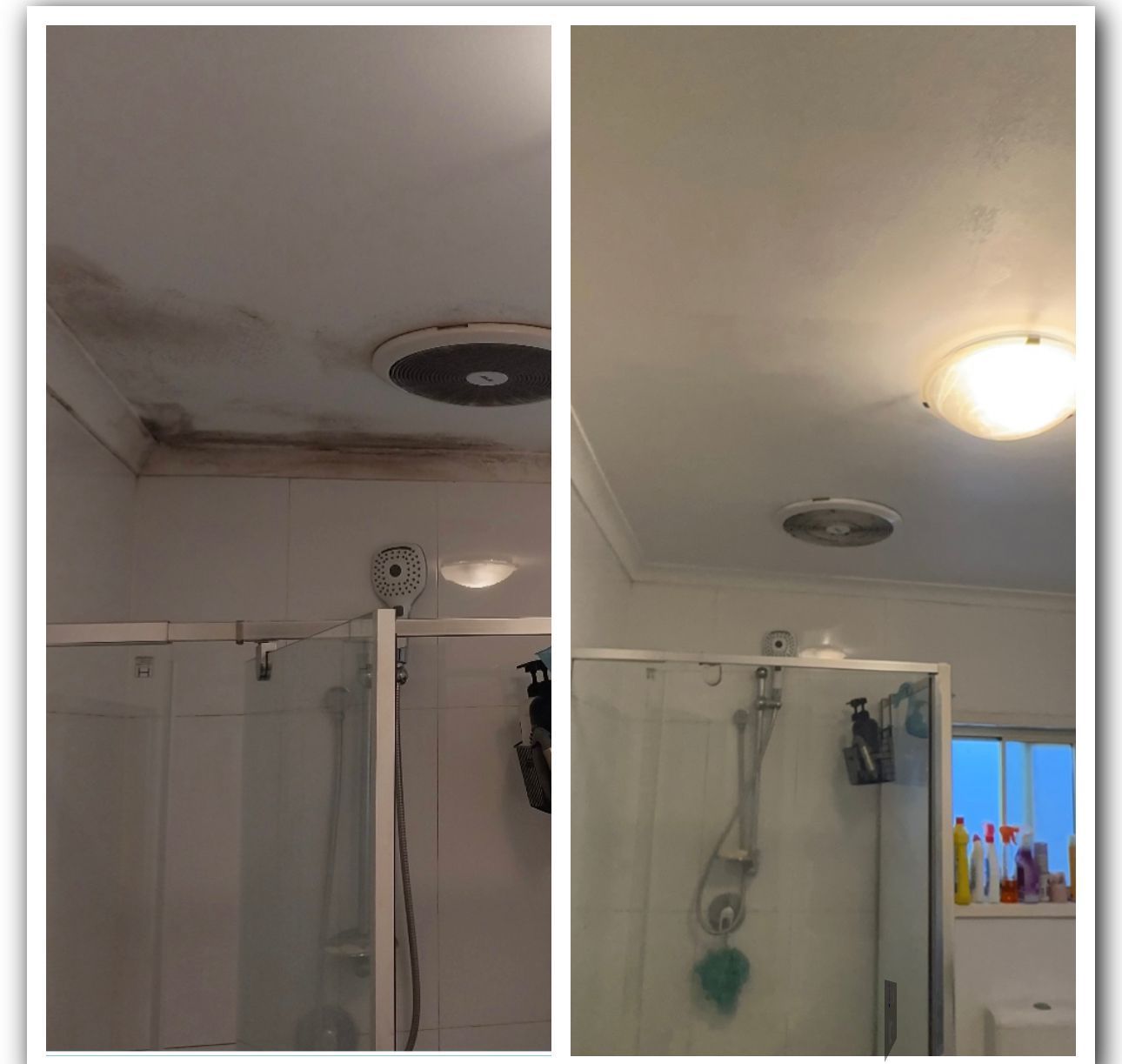 A before and after photo of a bathroom with a shower