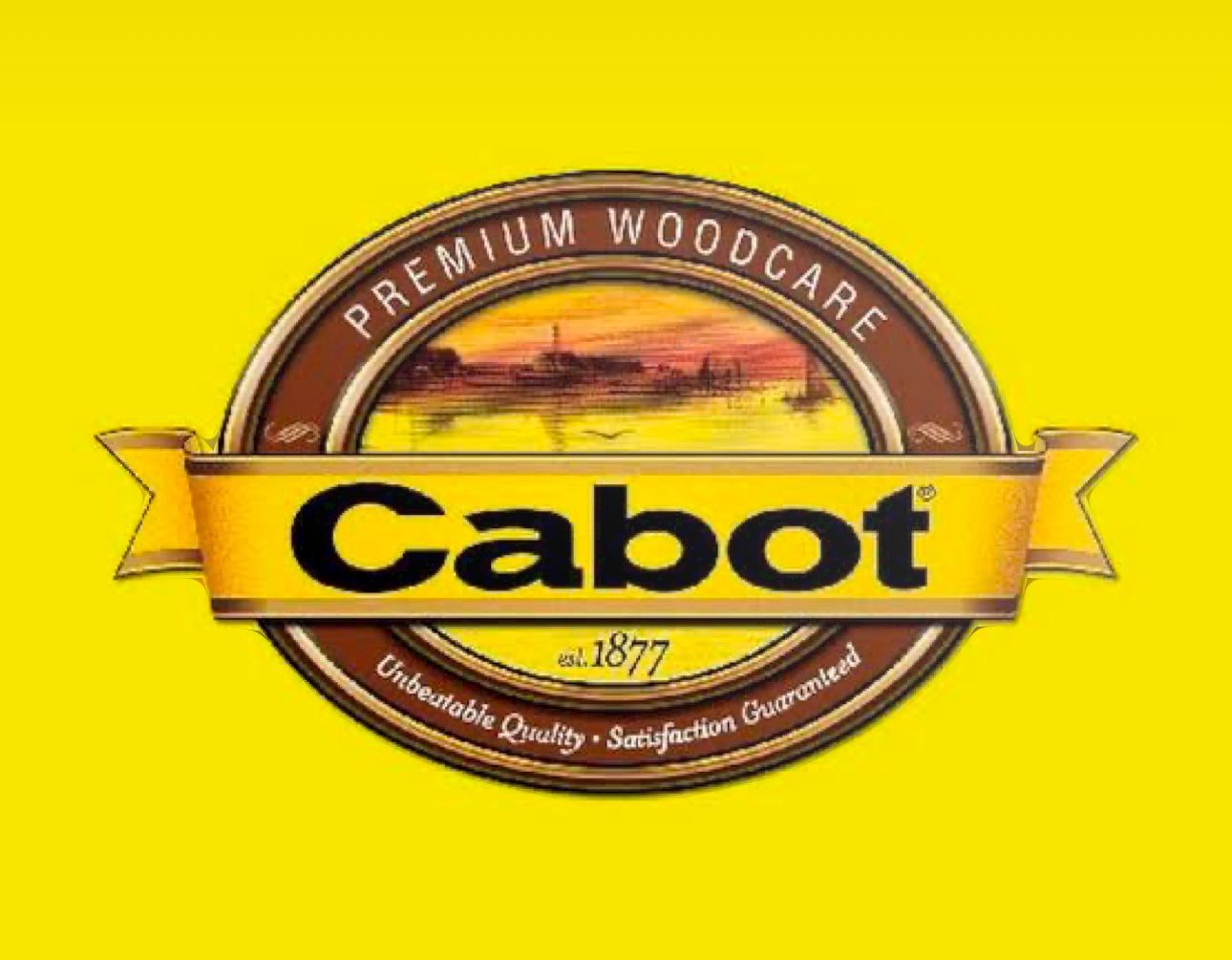 A logo for cabot premium woodcare on a yellow background