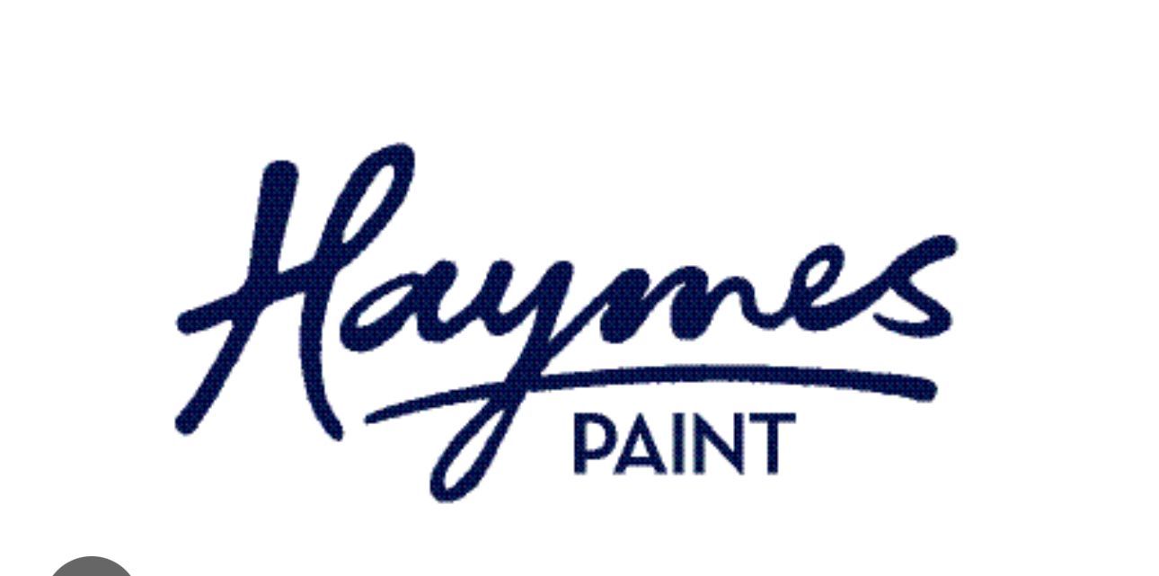 A blue logo for haymes paint on a white background