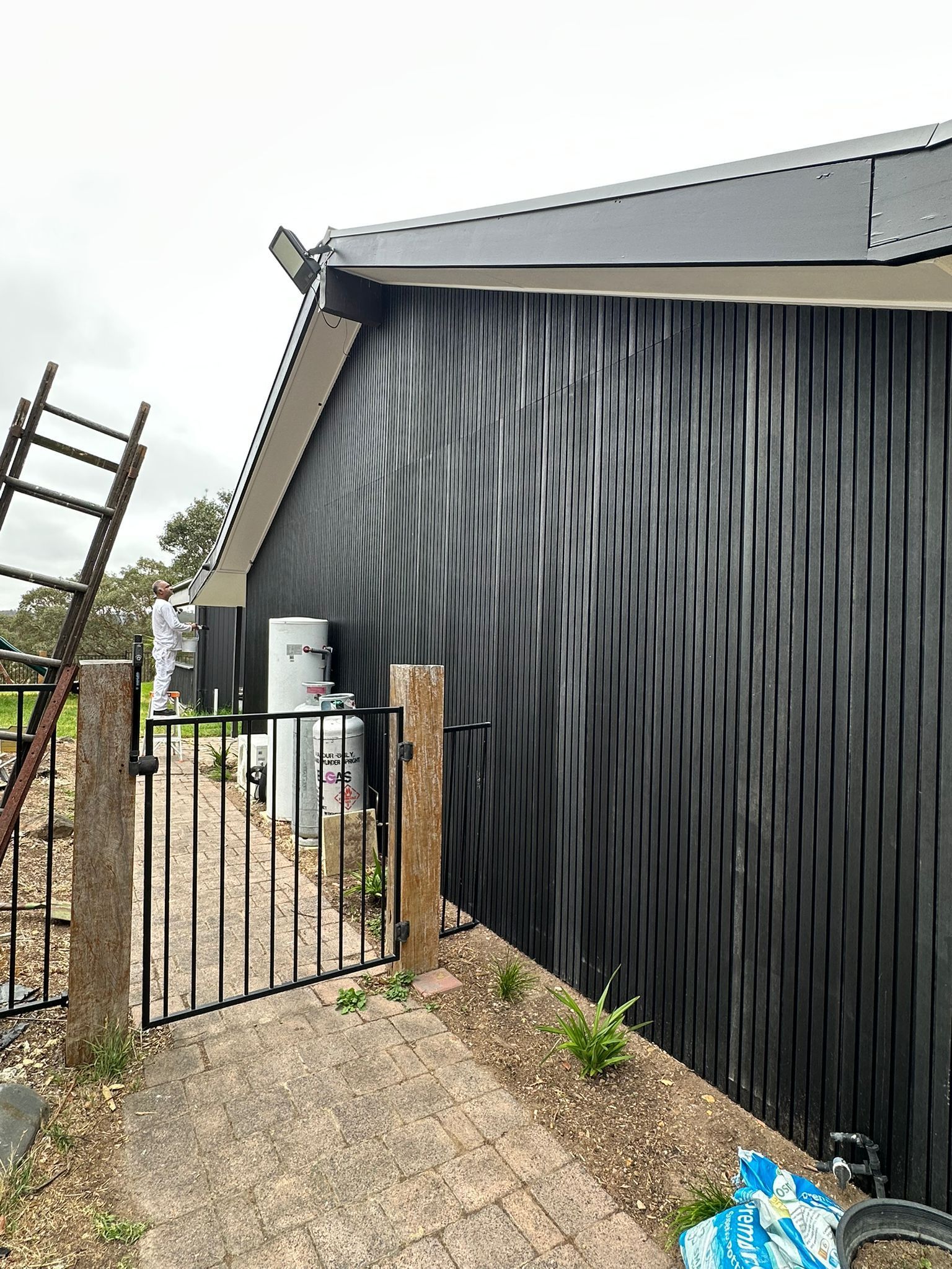 A black building with a gate and a ladder in front of it.