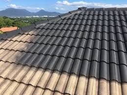 A close up of a tiled roof with mountains in the background.