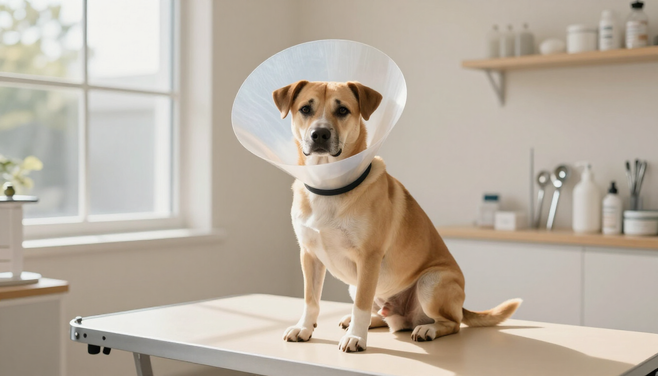 Un perro de color canela con un cono de plástico está sentado en una mesa de peluquería en una habitación luminosa.