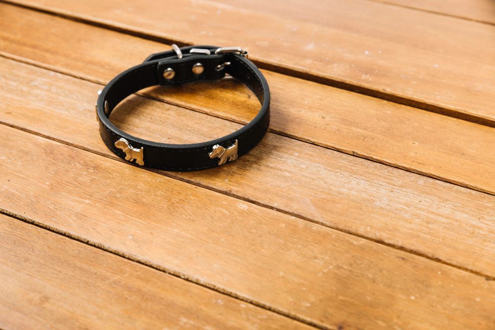 Collar negro con tachuelas sobre una mesa de madera.
