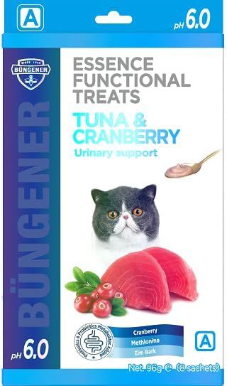 Golosinas para gatos Bungener sabor atún y arándano, apoyo urinario, 12 g x 8 unidades.
