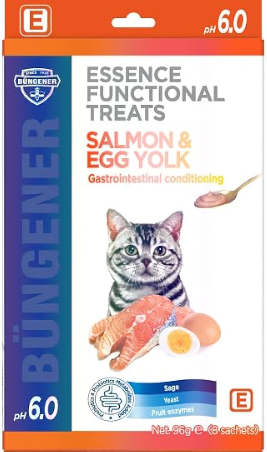 GOLOSINAS PARA GATOS BUNGENER SABOR A SALMÓN Y YEMA DE HUEVO, ACONDICIONADORAS GASTROINTESTINALES, 12G*8 PIEZAS