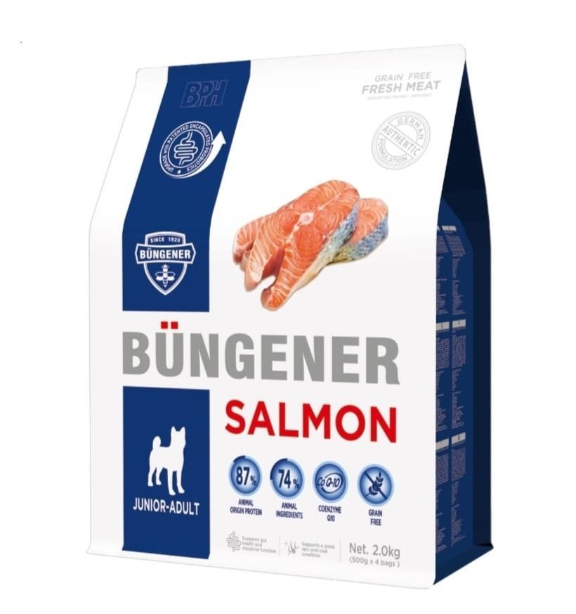 Bolsa de comida para perros Büngener Salmon en envase azul y blanco con imagen de salmón.