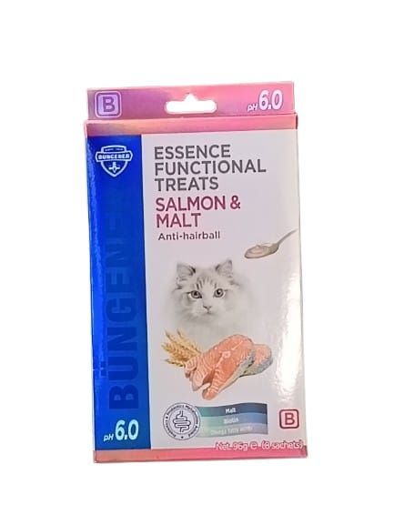 GOLOSINAS PARA GATOS BUNGENER SABOR SALMÓN Y MALTA ANTIBOLAS DE PELO 12G*8 PIEZAS