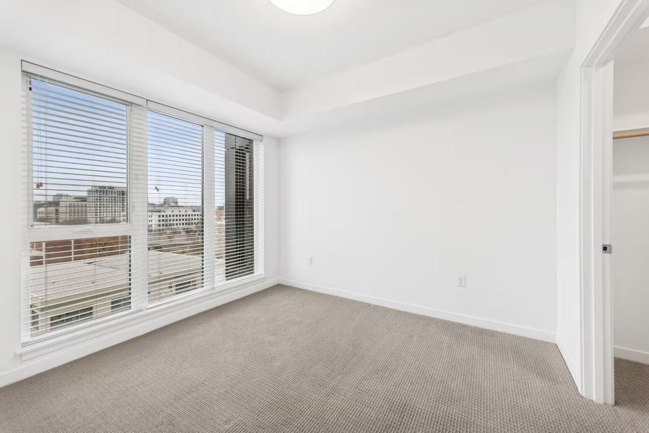 Empty room with large window, blinds, beige carpet, and a closet.