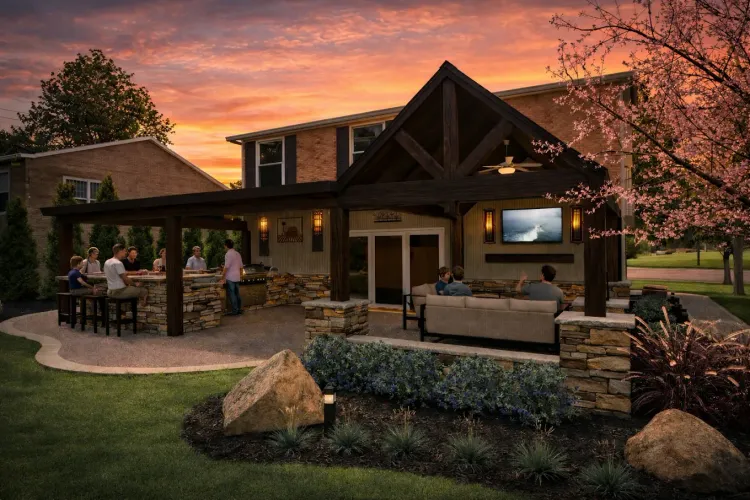 Rustic house patio at sunset with people seated outdoors, warm lights, and blooming trees in the yard