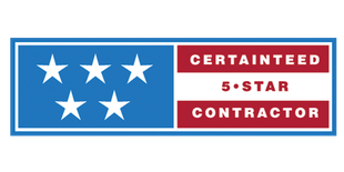 Blue and red CertainTeed 5-Star Contractor logo with five white stars.