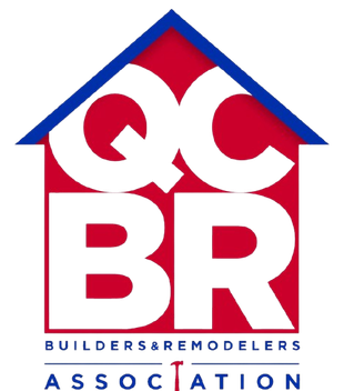 Logo for QCBR, Builders & Remodelers Association; a white font on a red background, with blue house outline.